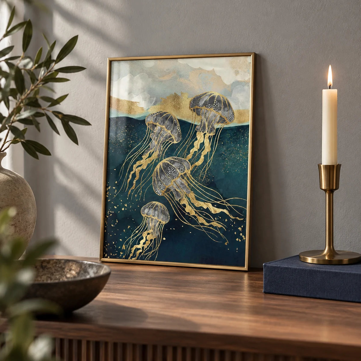 Abstract Jelly Fish Wall Art, a small A4 framed print leaning on a walnut shelf in a living room