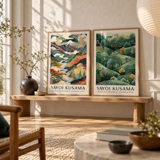 Abstract Landscape Wall Art Set of 2 styled on an oak bench against a limewash wall in a Japandi room: Dotted Peaks and Golden Hills shown framed side by side (frames not included)