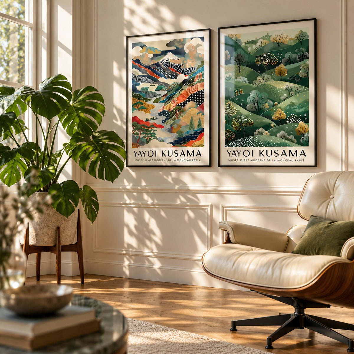 Abstract Landscape Wall Art Set of 2 styled on a sunlit wall beside a cream leather lounge chair and a monstera: Dotted Peaks and Golden Hills shown framed side by side (frames not included)