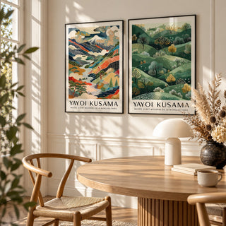 Abstract Landscape Wall Art Set of 2 styled above a round fluted oak dining table with a mushroom lamp: Dotted Peaks and Golden Hills shown framed side by side (frames not included)