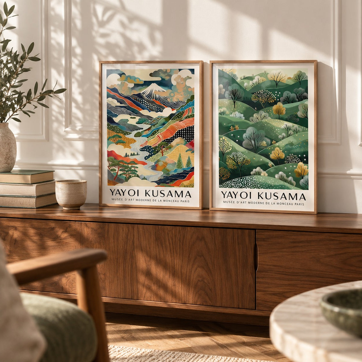 Abstract Landscape Wall Art Set of 2 styled as small A4 prints on a shelf, to show the gift size: Dotted Peaks and Golden Hills shown framed side by side (frames not included)