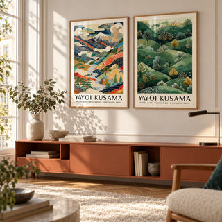 Abstract Landscape Wall Art Set of 2 styled above a terracotta credenza in a warm minimal room: Dotted Peaks and Golden Hills shown framed side by side (frames not included)