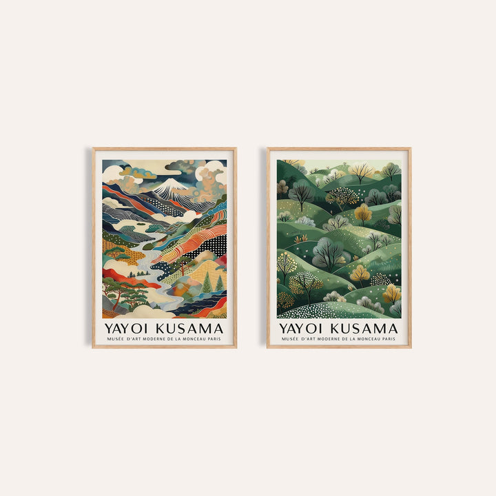 Abstract Landscape Wall Art Set of 2: Dotted Peaks and Golden Hills side by side, two separate unframed prints