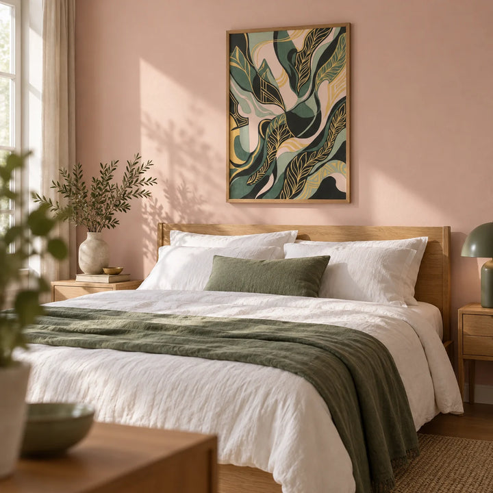 Abstract Leaf Art Print, framed on the wall of a calm bedroom with a soft blush pink wall