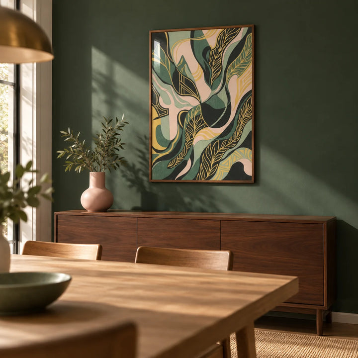 Abstract Leaf Art Print, framed on the wall of a dining room with a deep green painted wall