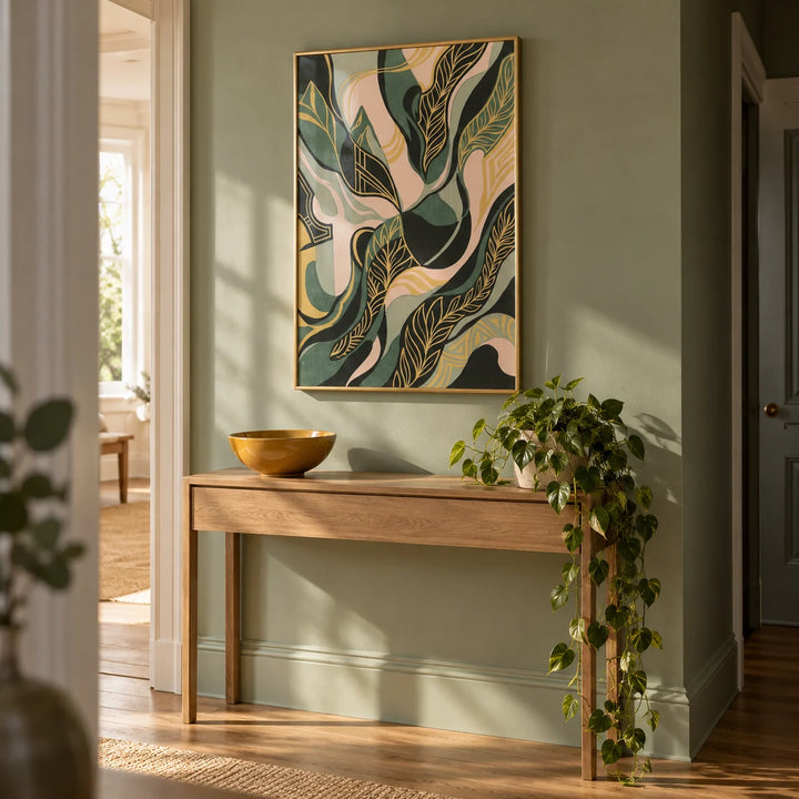 Abstract Leaf Art Print, framed on the wall of a hallway with a sage green wall