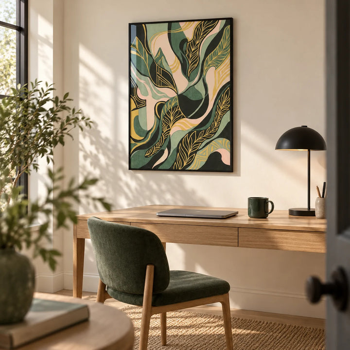 Abstract Leaf Art Print, framed on the wall of a home office with a warm white wall