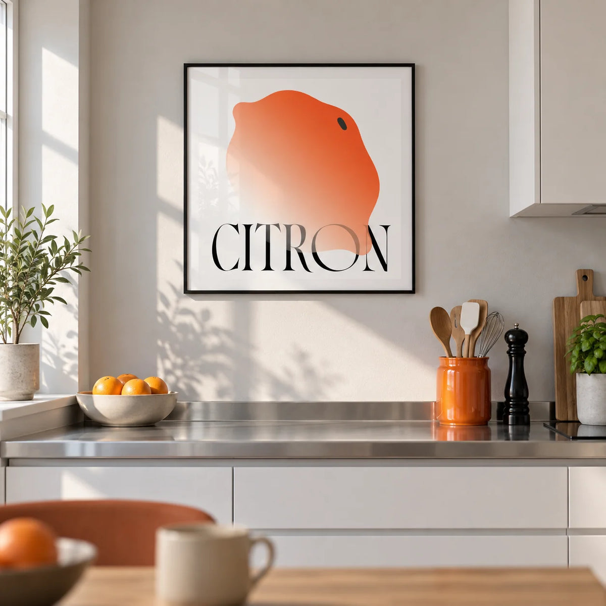 Abstract Lemon Art Print, framed on the wall of a modern kitchen in a UK first flat (25-35) with flat-front white cabinets