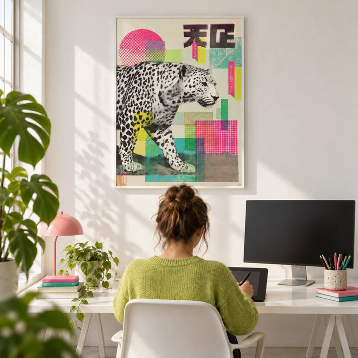 Abstract Leopard Print, framed on the wall of a bright creative home studio with a white wall and a pale concrete floor in a home office