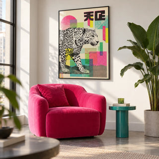 Abstract Leopard Print, framed on the wall of a modern city-flat living room with a white wall and a polished concrete floor