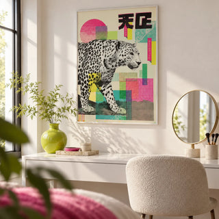 Abstract Leopard Print, framed on the wall of a modern dressing area with a white wall