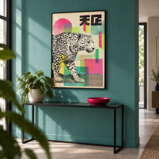 Abstract Leopard Print, framed on the wall of a modern hallway with a solid teal painted wall and a pale floor