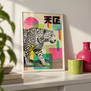 Abstract Leopard Print, a small A4 framed print leaning on a white shelf in a living room
