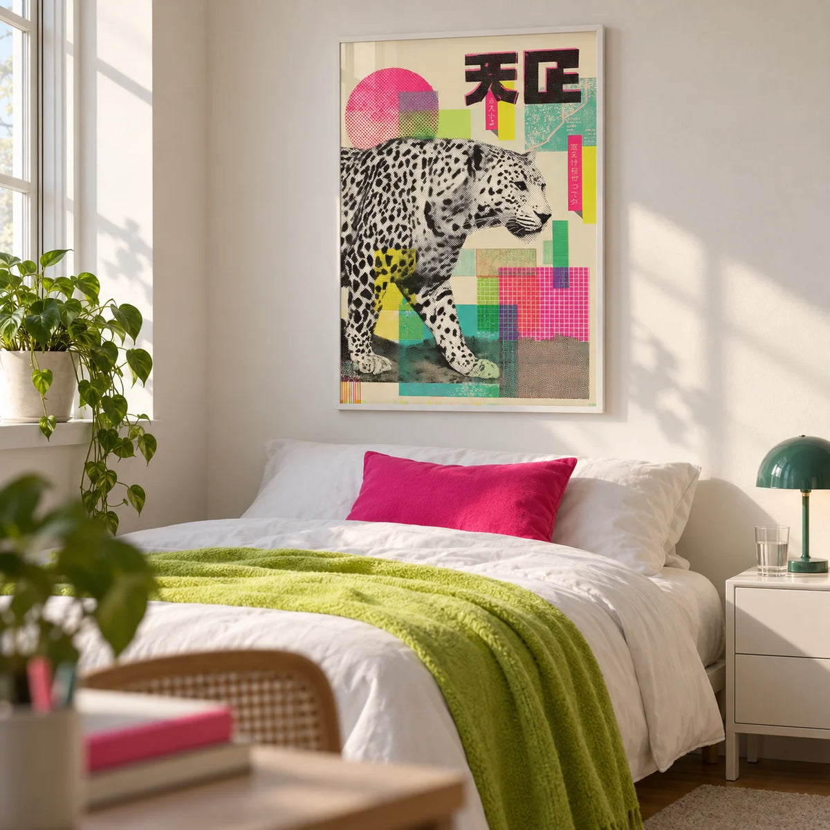 Abstract Leopard Print, framed on the wall of a stylish young woman's bedroom (18-25) with a white wall