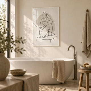 Abstract Line Art Poster, framed on the wall of a calm spa-like bathroom