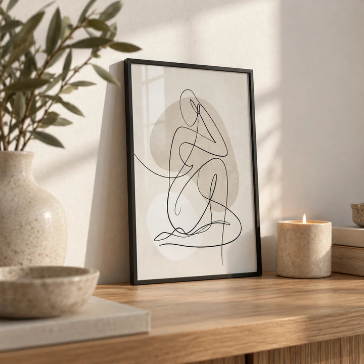 Abstract Line Art Poster, a small A4 framed print leaning on an oak shelf in a living room