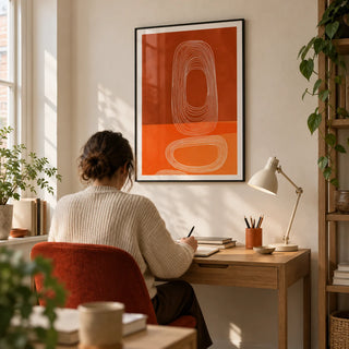 Abstract Line Art Print, framed on the wall of a bright study in a design-conscious UK flat with a pale plaster wall