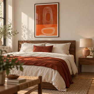 Abstract Line Art Print, framed on the wall of a calm contemporary bedroom with a warm white wall and natural oak floor