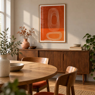 Abstract Line Art Print, framed on the wall of a compact mid-century dining room in a UK terrace with a pale warm-grey wall
