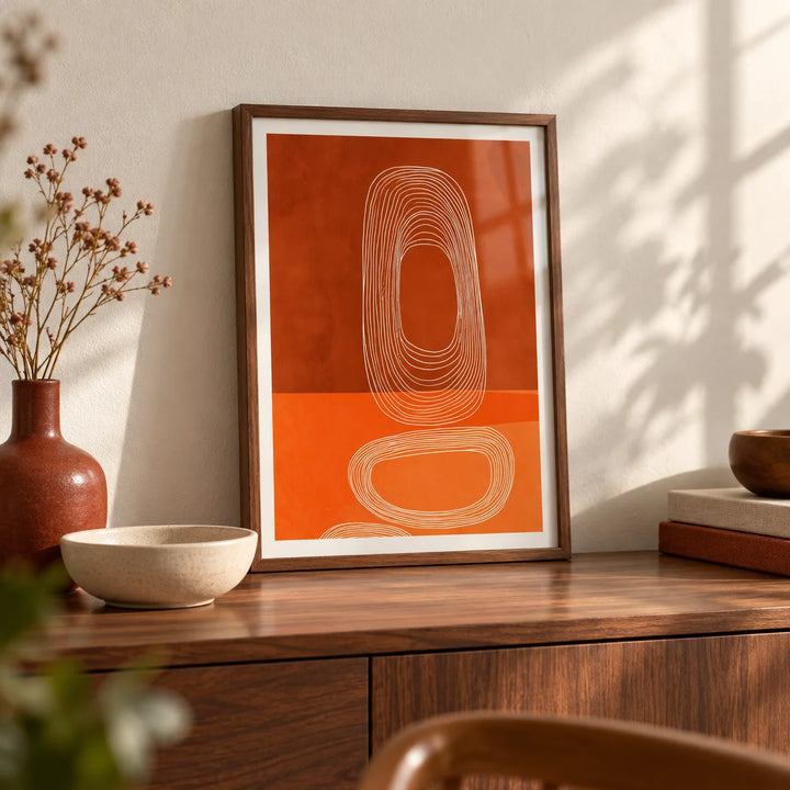 Abstract Line Art Print, a small A4 framed print leaning on a walnut sideboard in a living room