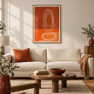 Abstract Line Art Print, framed on the wall of a warm modern living room in a UK city flat with an off-white wall and oak parquet