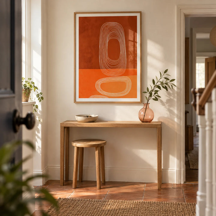 Abstract Line Art Print, framed on the wall of a welcoming hallway in a renovated UK terrace with a warm white wall and terracotta floor