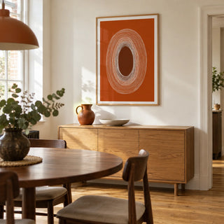 Abstract Line Drawing Poster, framed on the wall of a compact contemporary dining room in a renovated UK terrace with warm white walls and oak floorboards