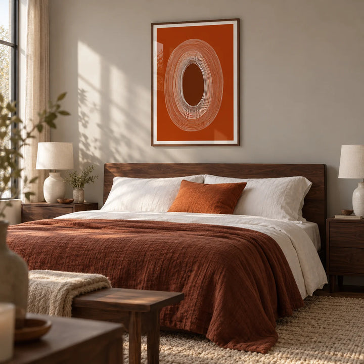 Abstract Line Drawing Poster, framed on the wall of a restful modern bedroom with a pale warm grey wall and dark wood bedside tables