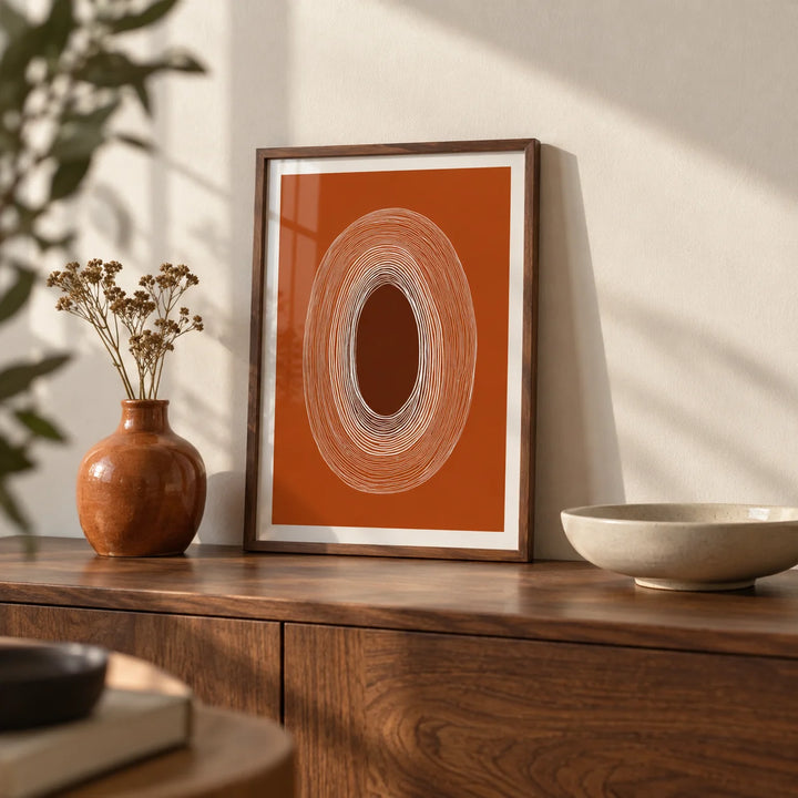 Abstract Line Drawing Poster, a small A4 framed print leaning on a walnut sideboard in a living room