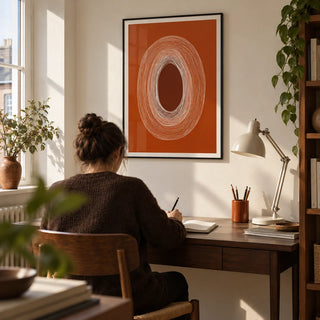 Abstract Line Drawing Poster, framed on the wall of a small design-conscious home study in a UK flat with a warm white wall and a dark brown timber desk