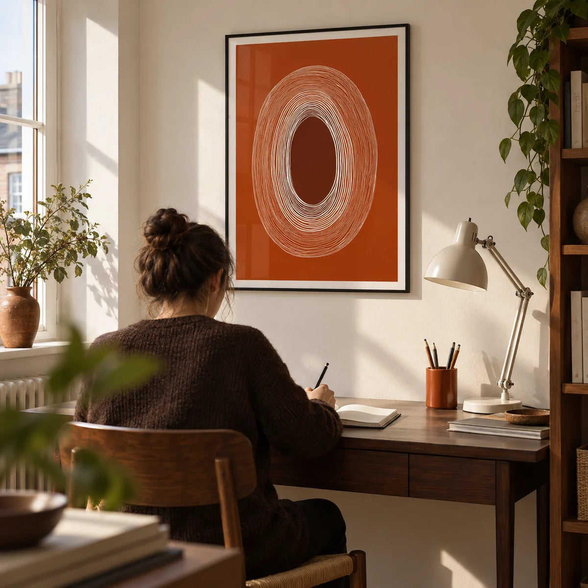 Abstract Line Drawing Poster, framed on the wall of a small design-conscious home study in a UK flat with a warm white wall and a dark brown timber desk