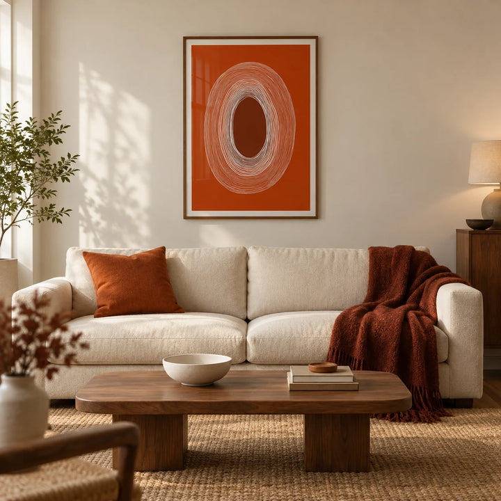 Abstract Line Drawing Poster, framed on the wall of a warm modern living room in a UK city flat with off-white walls