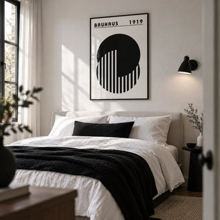 Abstract Minimal Art, framed on the wall of a crisp monochrome bedroom