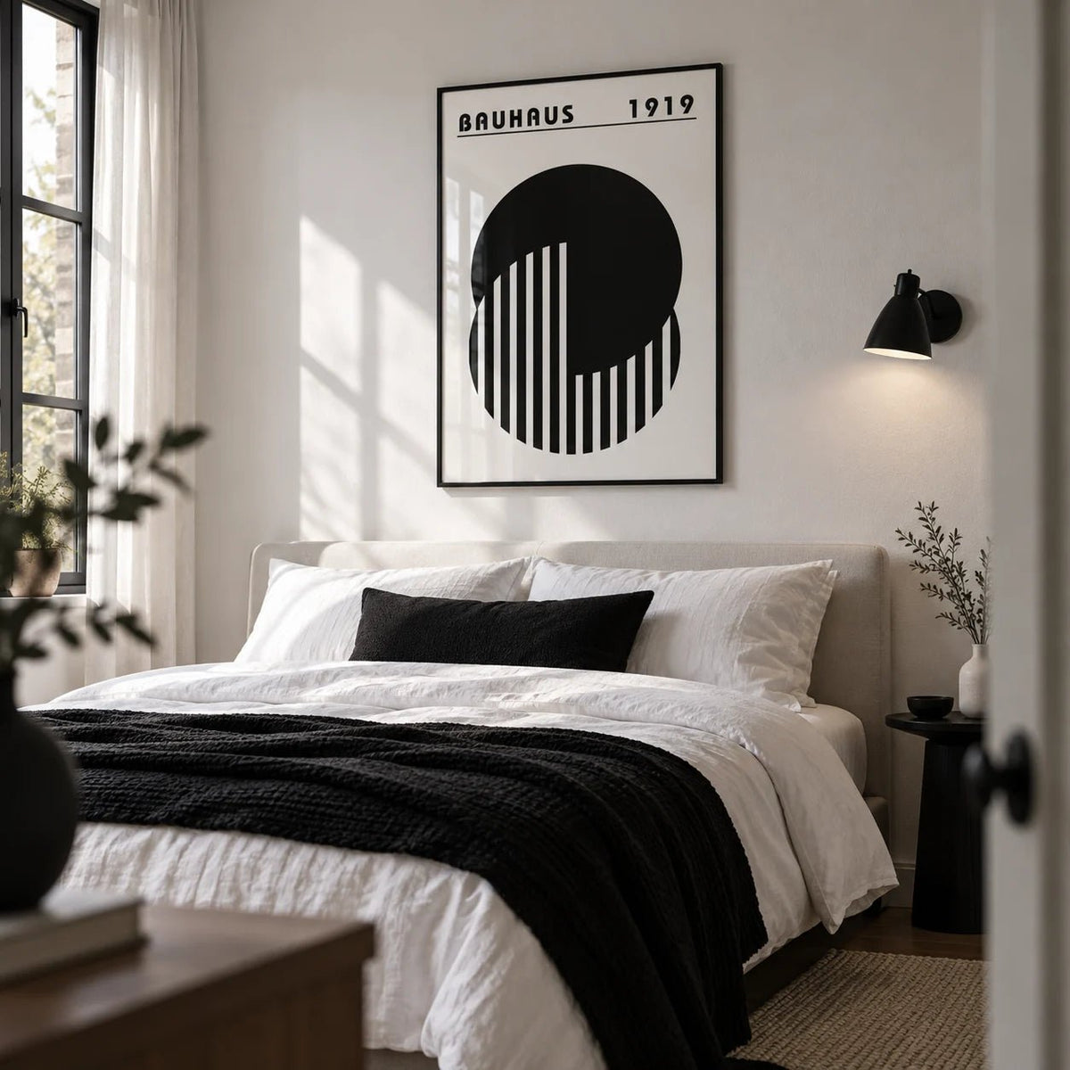 Abstract Minimal Art, framed on the wall of a crisp monochrome bedroom
