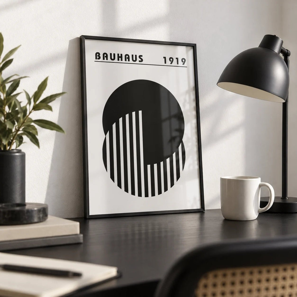 Abstract Minimal Art, a small A4 framed print leaning on a black desk