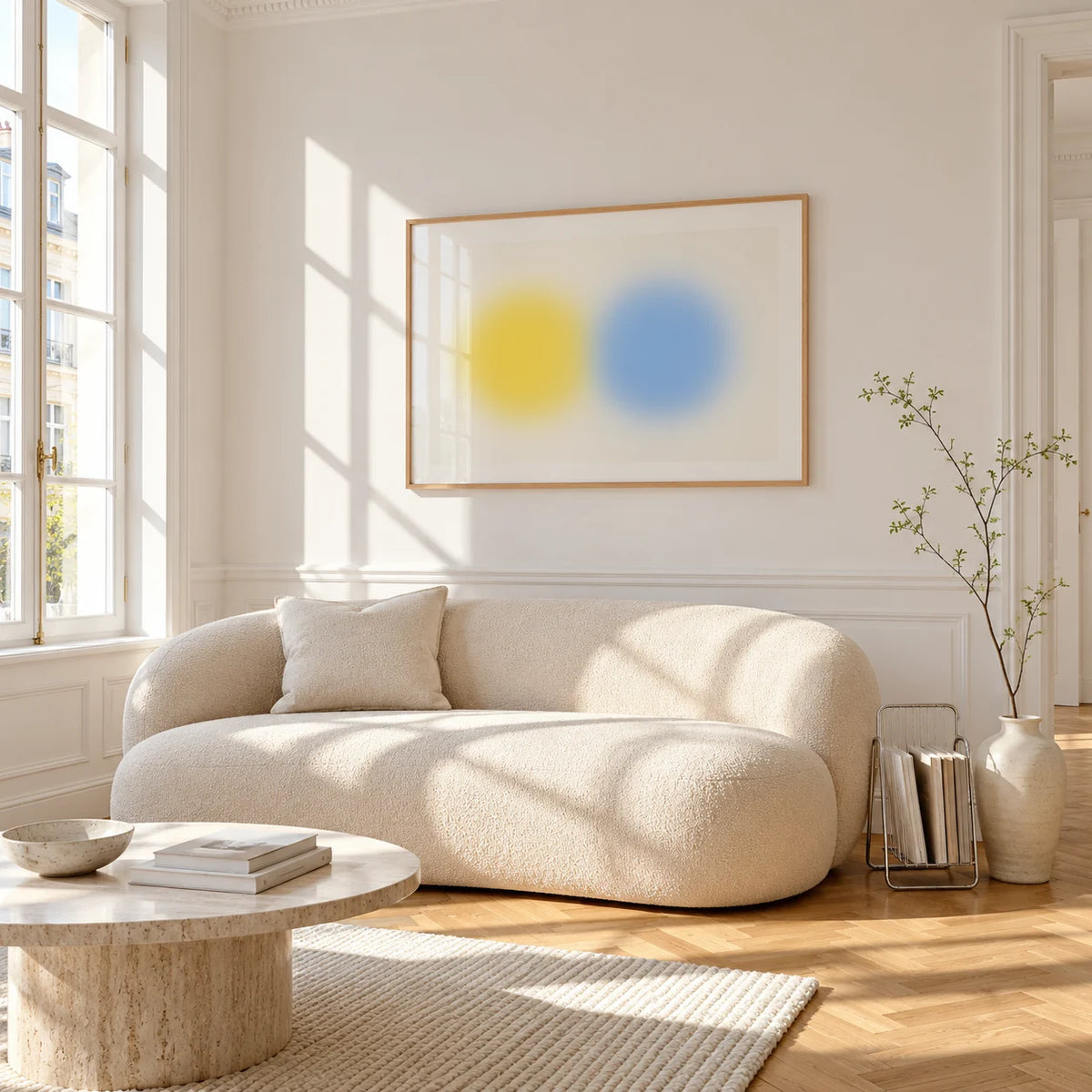 Abstract Minimal Print, framed on the wall of a bright living room corner