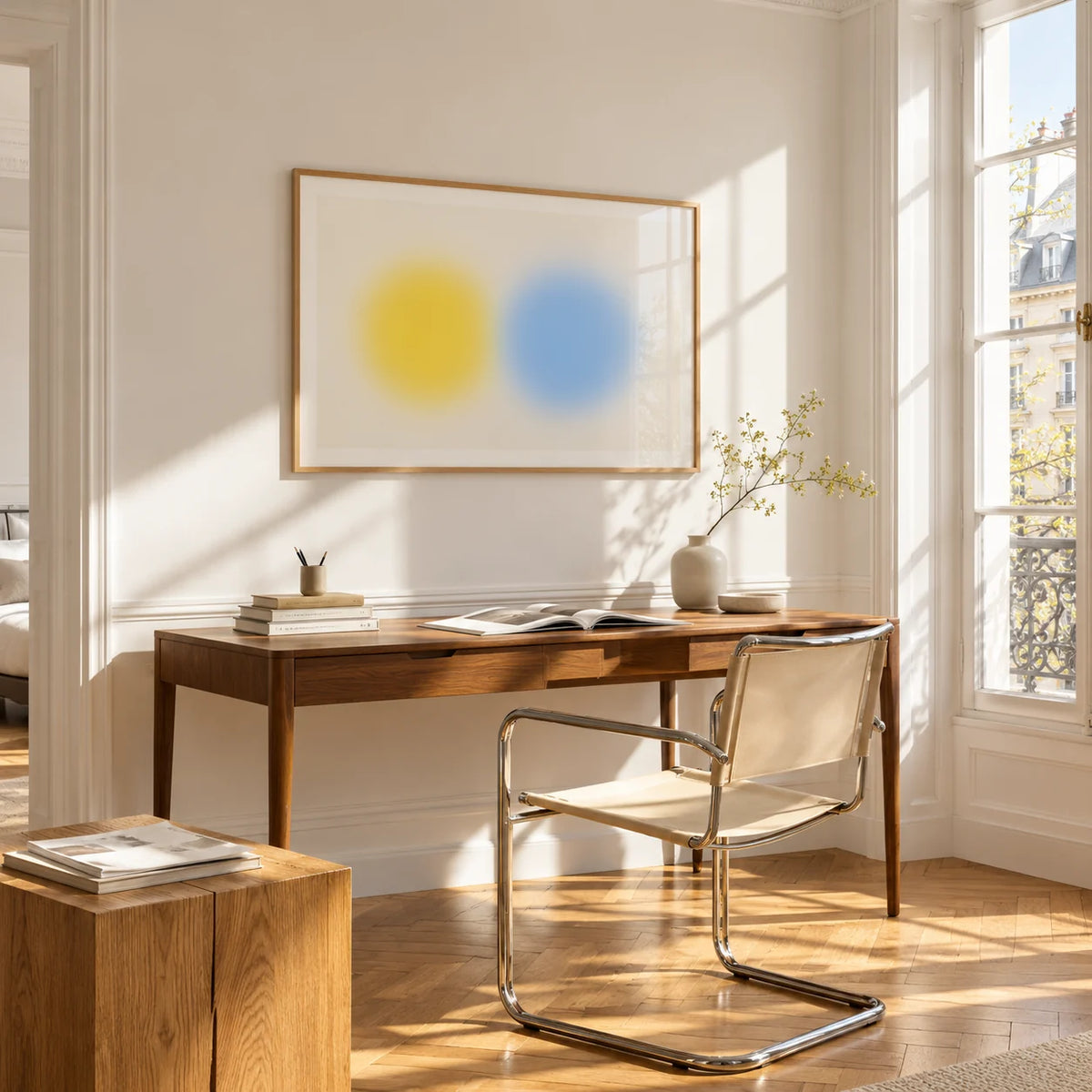 Abstract Minimal Print, framed on the wall of a bright study corner with a tall white paned window