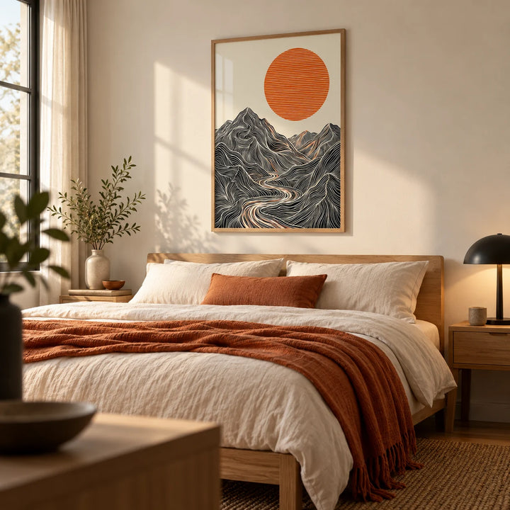 Abstract Nature Wall Art, framed on the wall of a calm bedroom