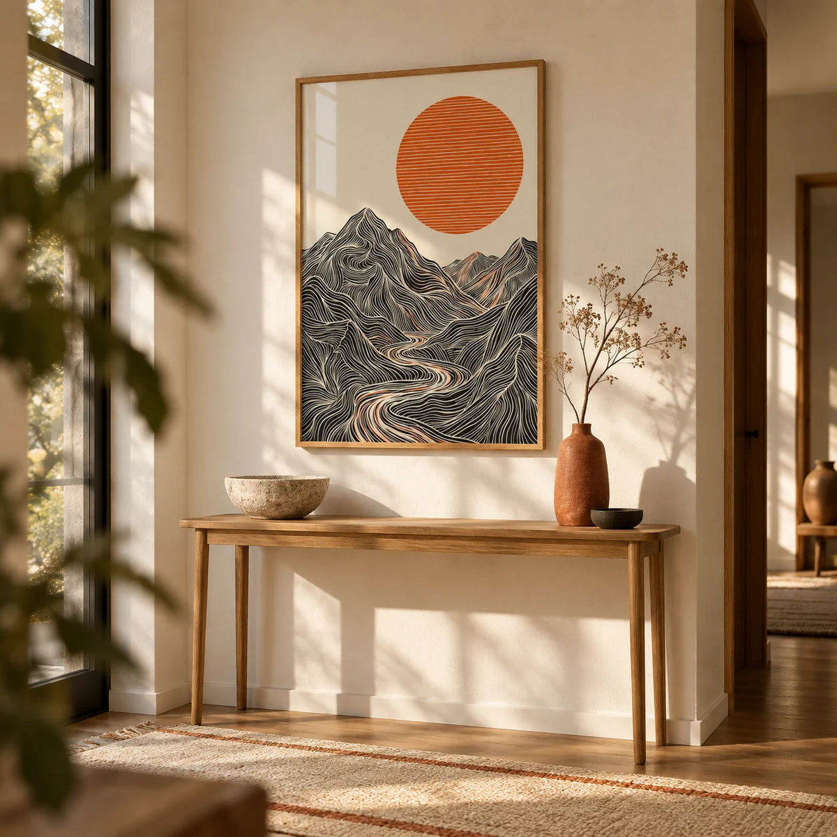 Abstract Nature Wall Art, framed on the wall of a calm hallway