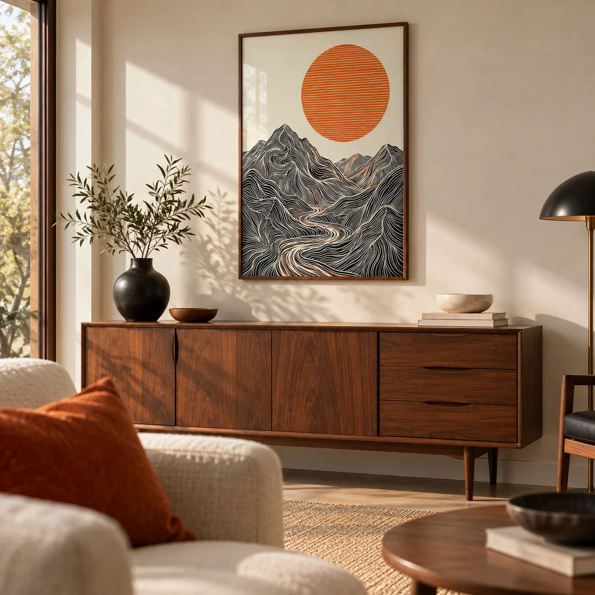 Abstract Nature Wall Art, framed on the wall of a mid-century living room