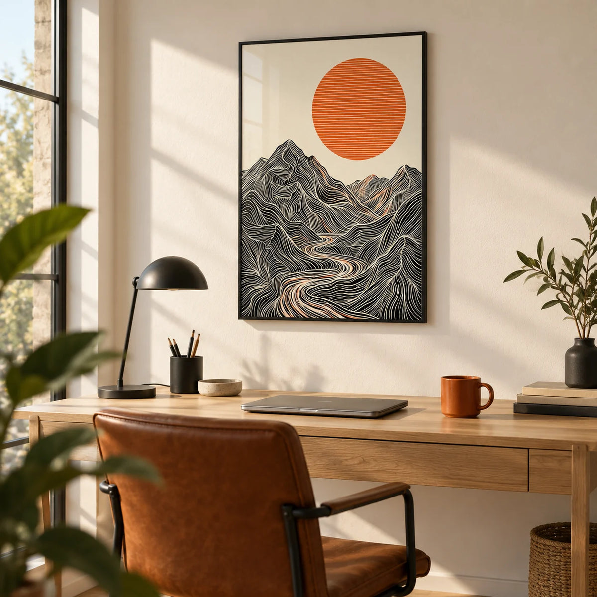 Abstract Nature Wall Art, framed on the wall of a minimal home office