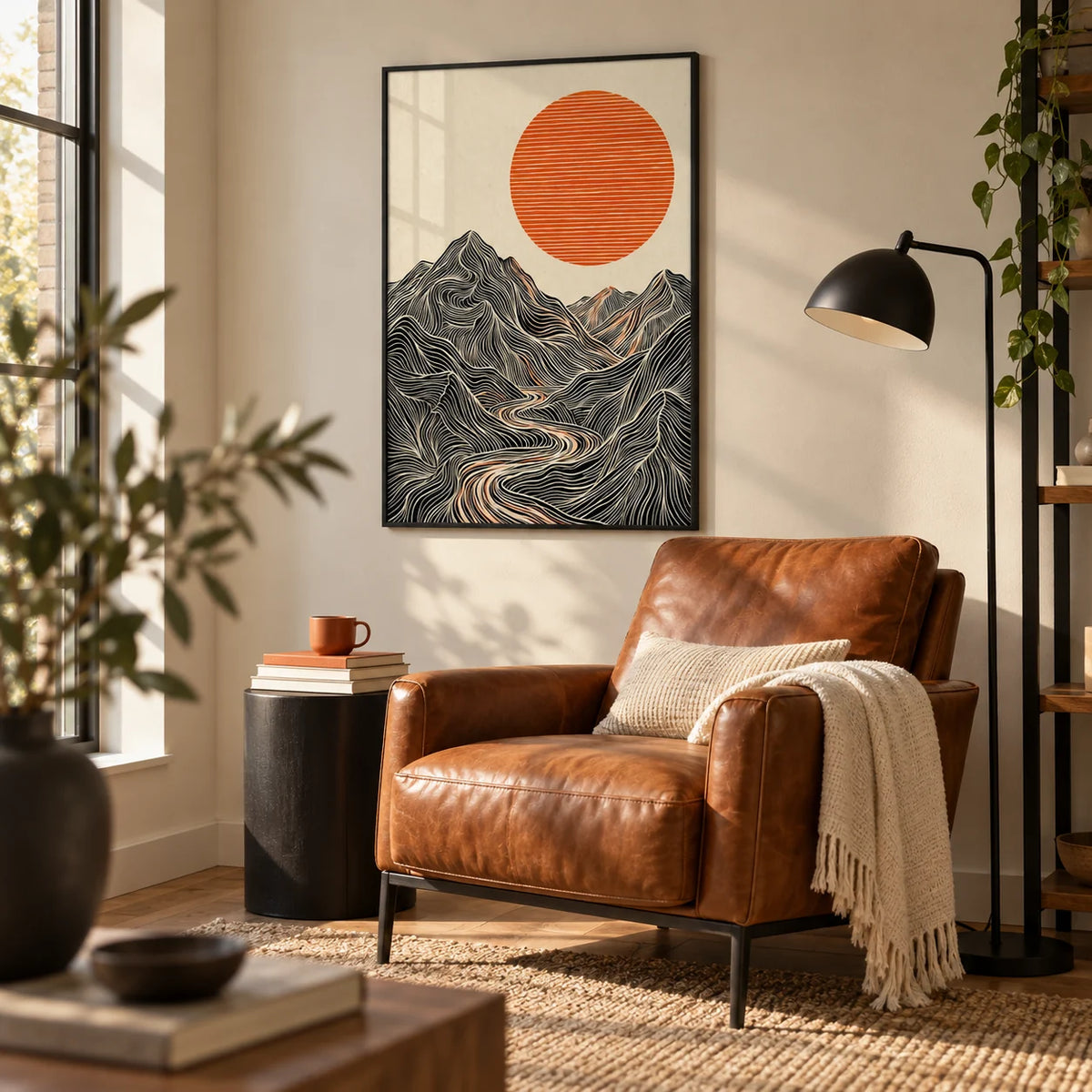 Abstract Nature Wall Art, framed on the wall of a reading corner in a living room