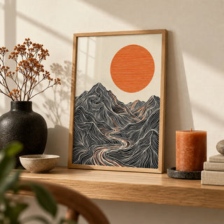 Abstract Nature Wall Art, a small A4 framed print leaning on an oak shelf in a living room