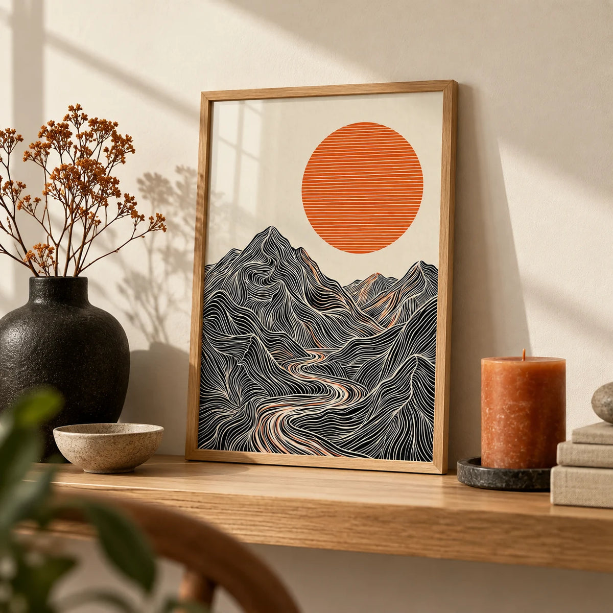 Abstract Nature Wall Art, a small A4 framed print leaning on an oak shelf in a living room