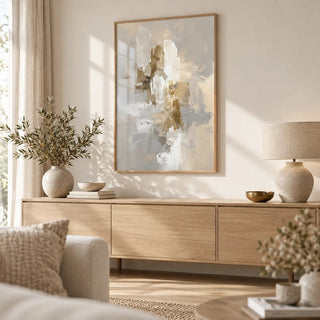 Abstract Neutral Art Print, framed on the wall of a bright Scandinavian living room