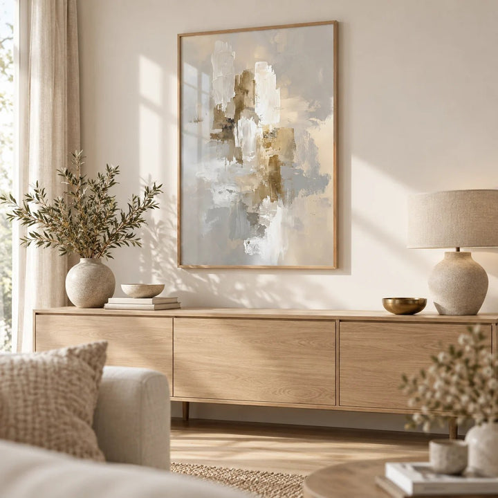 Abstract Neutral Art Print, framed on the wall of a bright Scandinavian living room