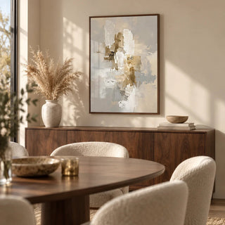 Abstract Neutral Art Print, framed on the wall of a elegant dining room