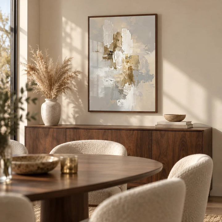 Abstract Neutral Art Print, framed on the wall of a elegant dining room