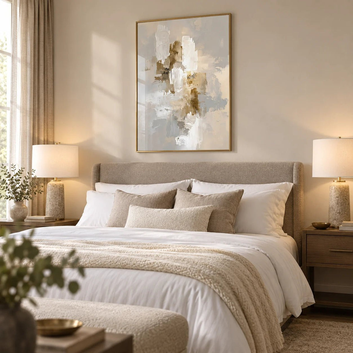 Abstract Neutral Art Print, framed on the wall of a hotel-style bedroom