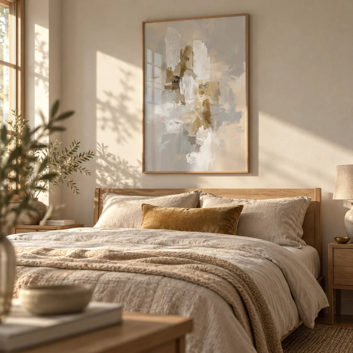 Abstract Neutral Art Print, framed on the wall of a warm neutral bedroom